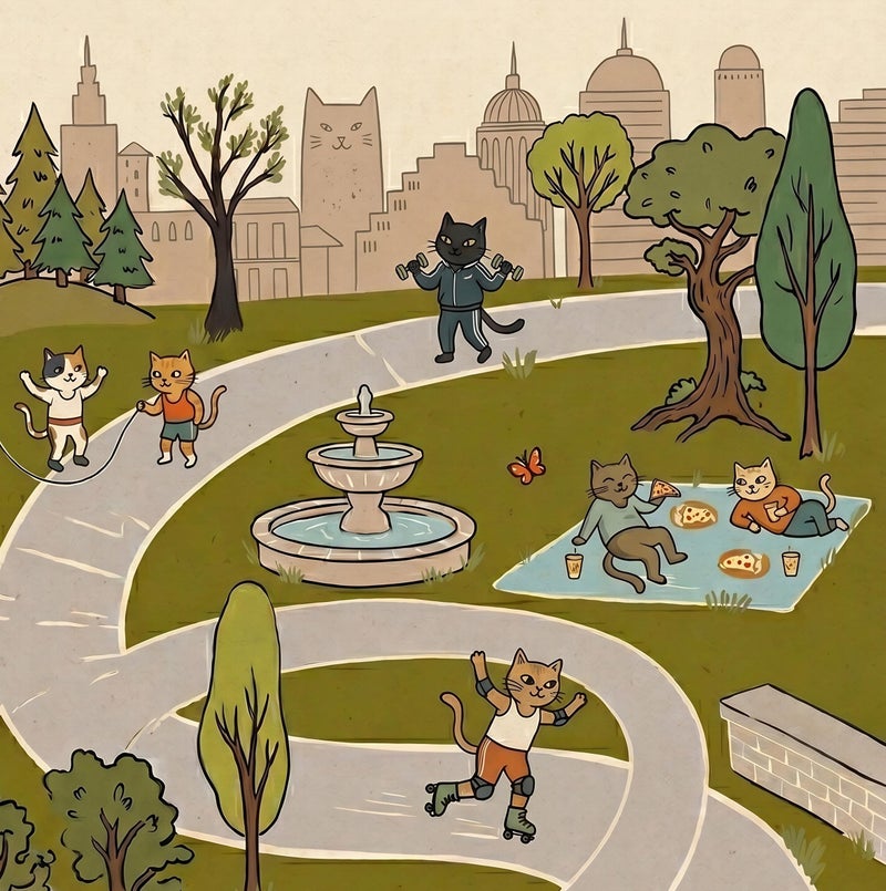 TNESSENTIAL Cat Park Print – Retro City Cartoon Wall Art, Funny Anthropomorphic Feline Poster, Summer Picnic Art, Whimsical Nursery Decor, Cat Town - Image 2