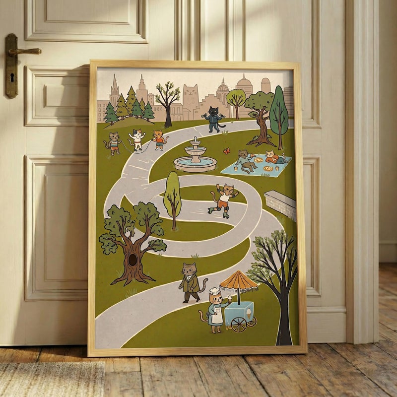 TNESSENTIAL Cat Park Print – Retro City Cartoon Wall Art, Funny Anthropomorphic Feline Poster, Summer Picnic Art, Whimsical Nursery Decor, Cat Town - Image 4