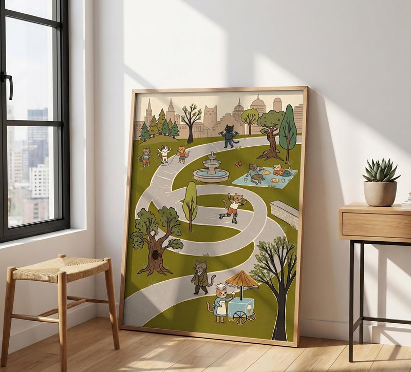 TNESSENTIAL Cat Park Print – Retro City Cartoon Wall Art, Funny Anthropomorphic Feline Poster, Summer Picnic Art, Whimsical Nursery Decor, Cat Town - Image 1