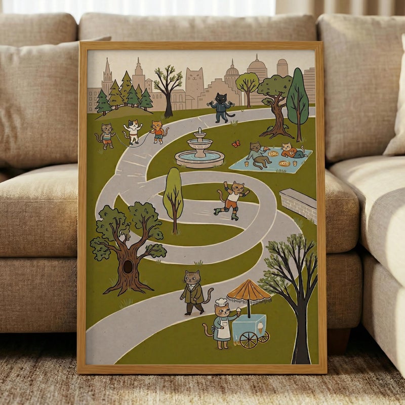 TNESSENTIAL Cat Park Print – Retro City Cartoon Wall Art, Funny Anthropomorphic Feline Poster, Summer Picnic Art, Whimsical Nursery Decor, Cat Town - Image 5