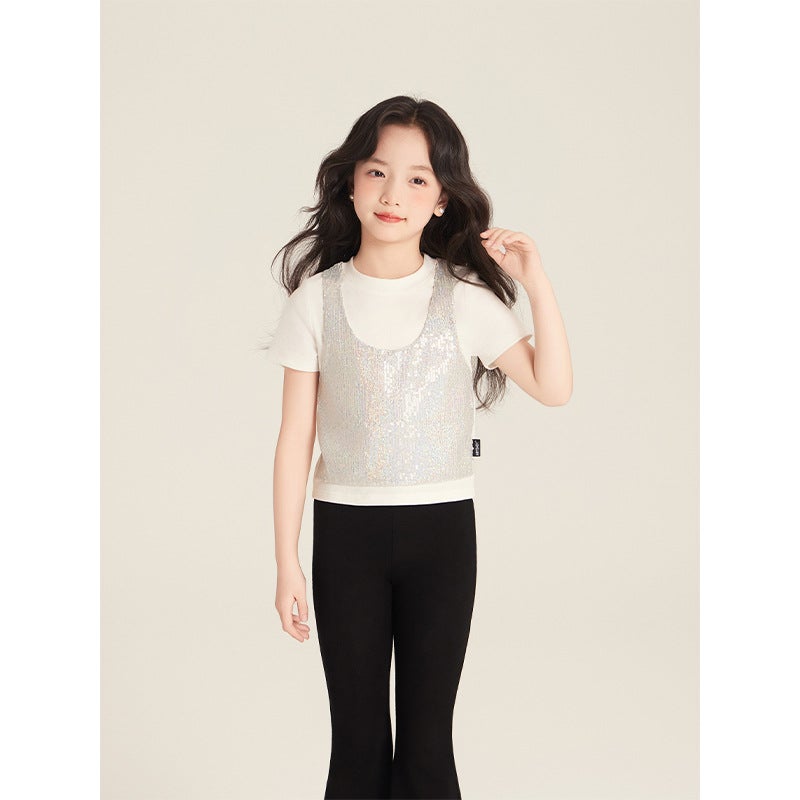 Amybaby Girl'S Top Spring Slim-Fit Design Sense Sequin Stitching Fake Two-Piece Short-Sleeved T-Shirt - Image 3