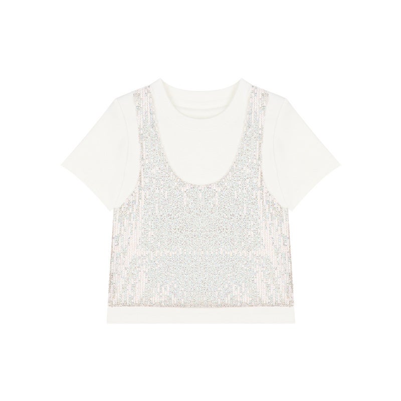 Amybaby Girl'S Top Spring Slim-Fit Design Sense Sequin Stitching Fake Two-Piece Short-Sleeved T-Shirt - Image 1