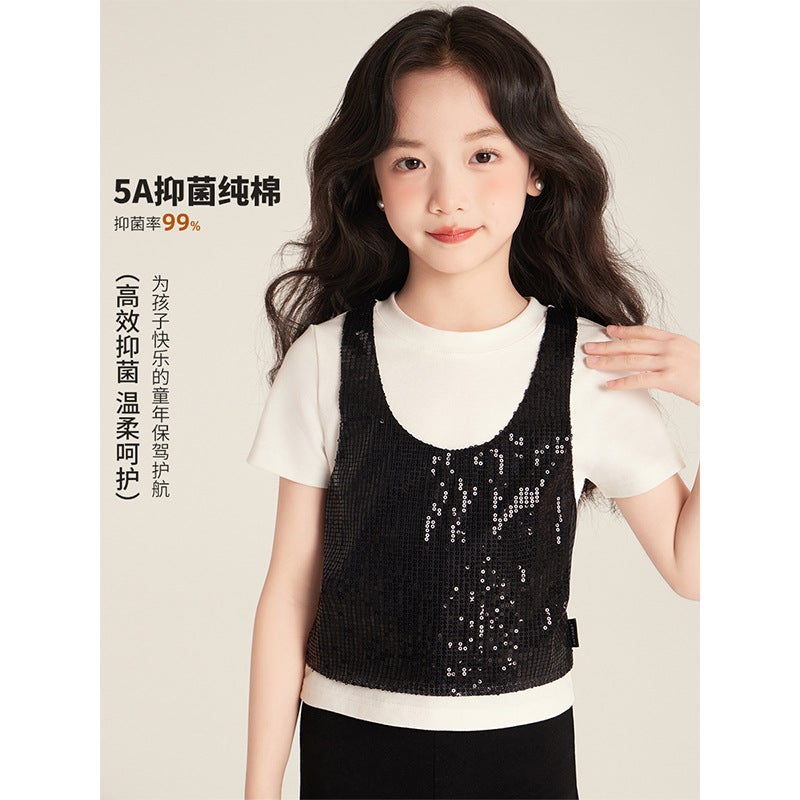 Amybaby Girl'S Top Spring Slim-Fit Design Sense Sequin Stitching Fake Two-Piece Short-Sleeved T-Shirt - Image 4