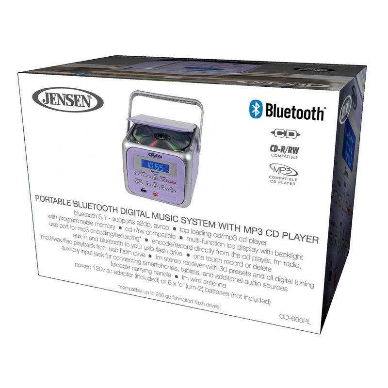 Jensen مشغل أقراص مضغوطة محمول ستيريو Jensen CD-660 مع بلوتوث | راديو FM | USB | مدخل سماعة Aux-in | تشغيل CD-R/RW MP3 | (بنفسجي لافندر) - Image 5