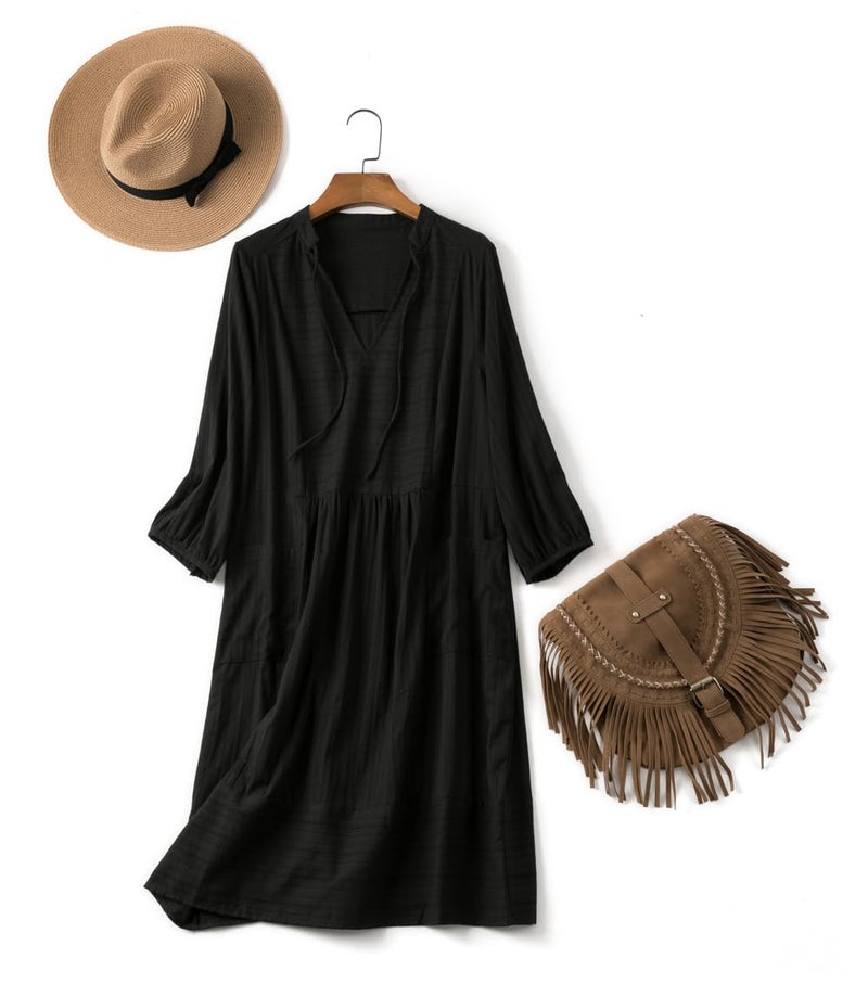 Lafural Womens V Neck Cotton Casual Loose Shift Tunic Smock Summer Dresses Vacation Dress 3/4 Sleeve Pocket Black XL - Image 3