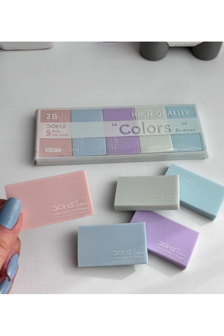 DOMS Plastic Eraser – Pack of 5 Pieces in Assorted Colors, Ideal for School and Office Use - Image 1