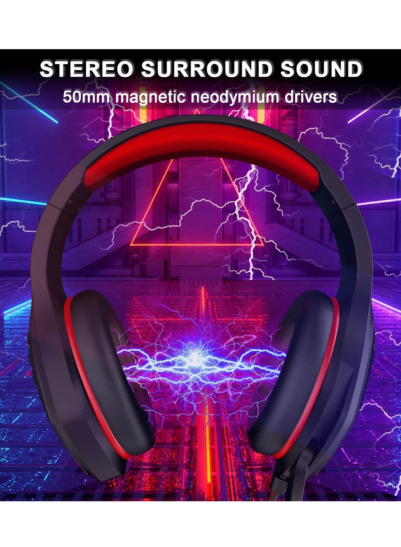 Gaming Headset for PS4, PS5, Xbox One, Switch, and PC - Features Noise-Canceling Microphone and Deep Bass Stereo Sound (Black & Red) - Image 2
