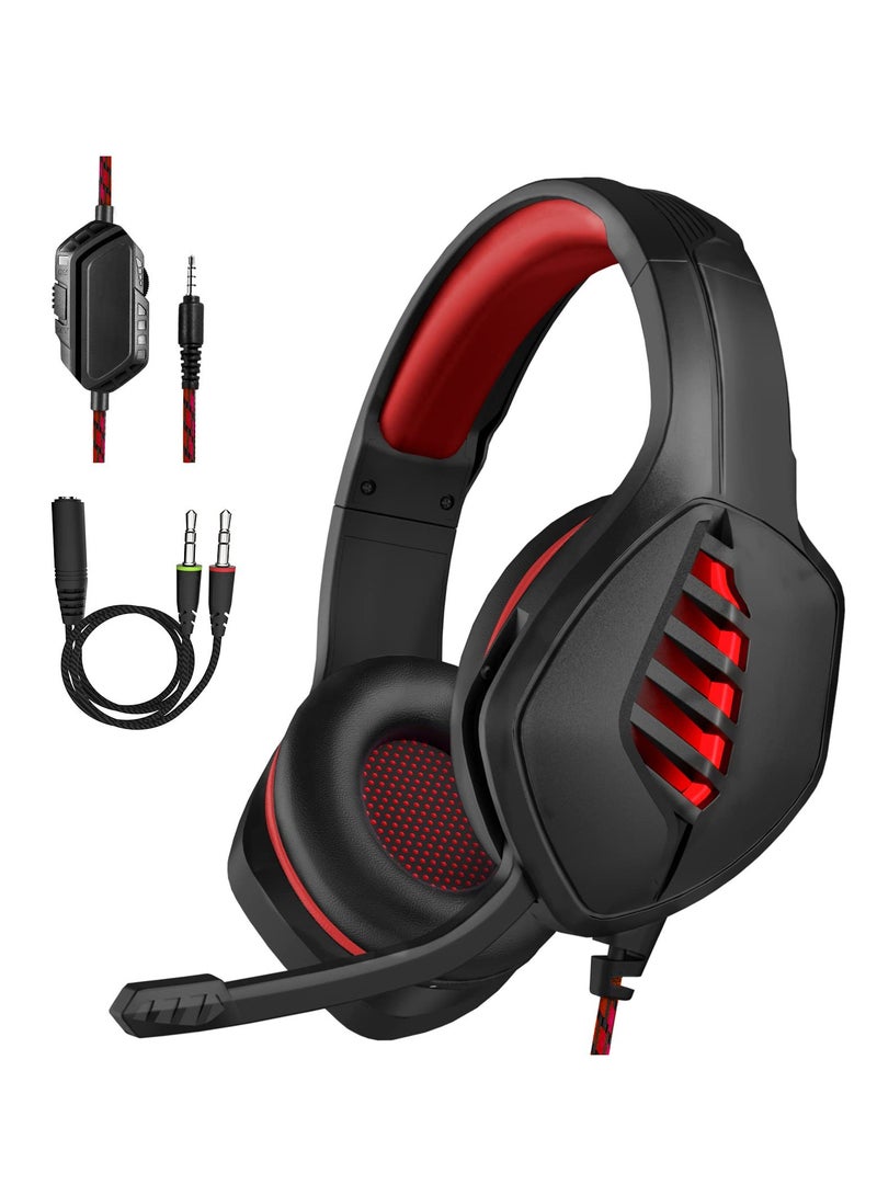 Gaming Headset for PS4, PS5, Xbox One, Switch, and PC - Features Noise-Canceling Microphone and Deep Bass Stereo Sound (Black & Red) - Image 1