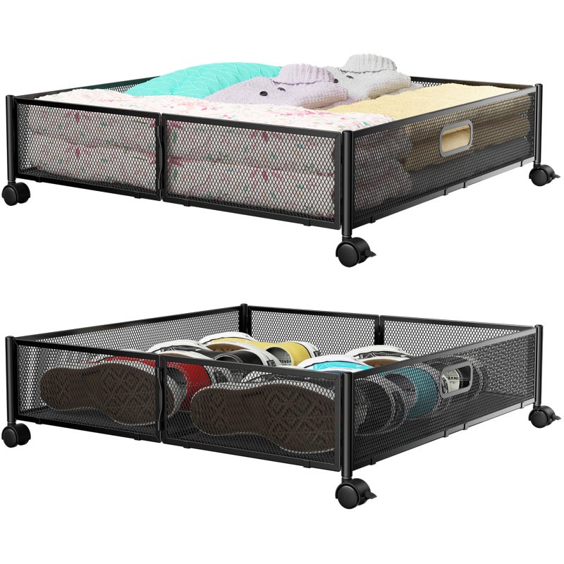 PHINOX Under Bed Storage Containers with Wheels  Shoe Storage Organizer Drawer Toolfree Assembly Metal Underbed Storage for Bedroom Clothes Shoes Blankets  2Pack