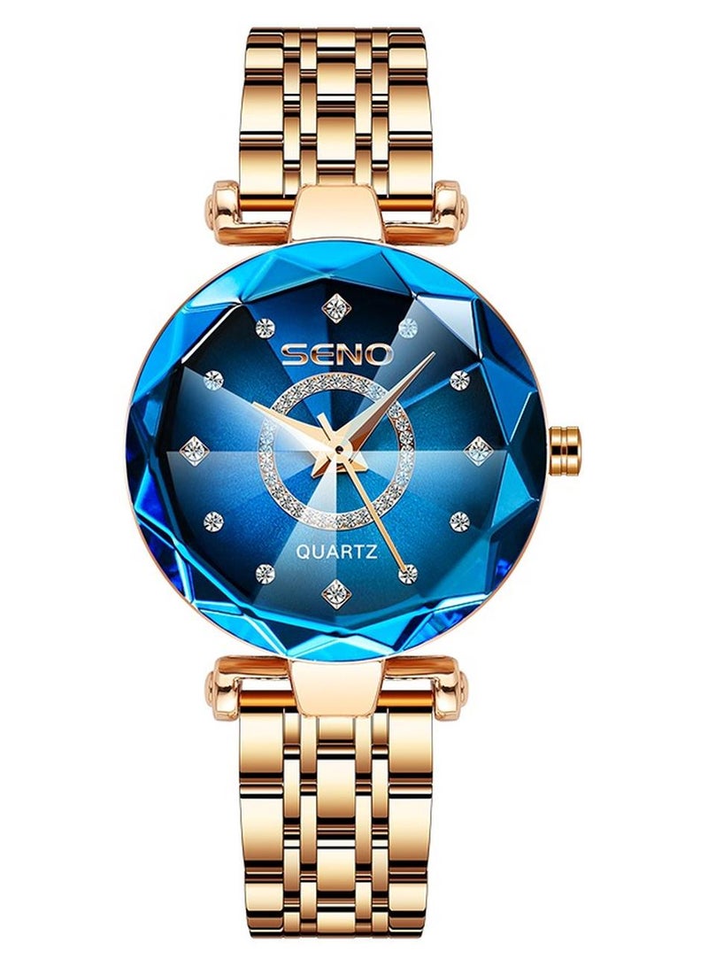 SENO ساعة نسائية ستانلس ستيل ضد الماء + ذهبي وردي - أزرق - Image 1