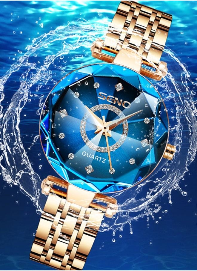 SENO Women's Stainless Steel Waterproof Watch + Rose Gold - Blue  - Image 2