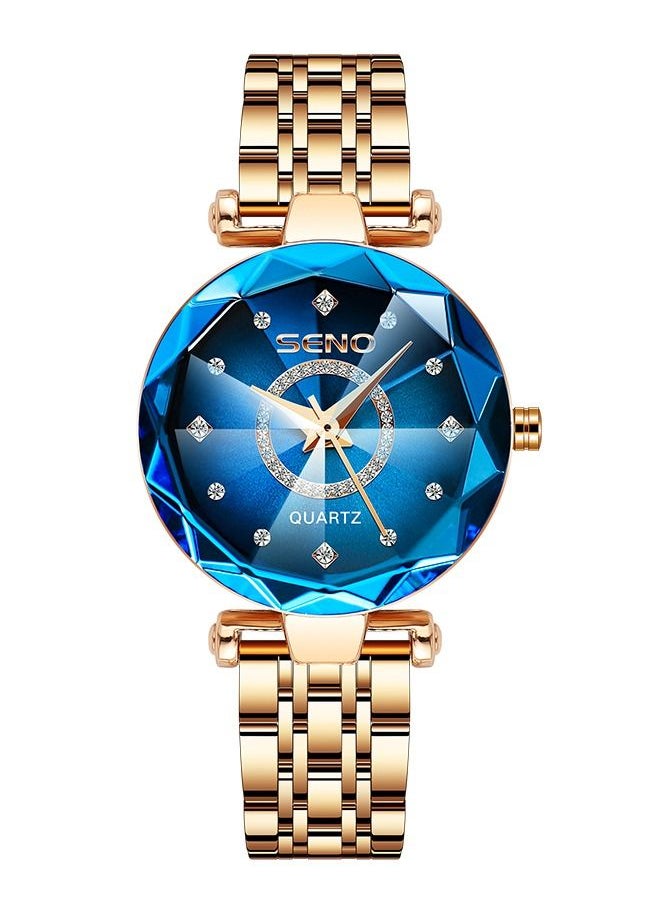 SENO Women's Stainless Steel Waterproof Watch + Rose Gold - Blue  - Image 1