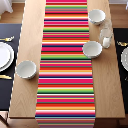 Lonfliness 12 Pack Plastic Mexican Table Runner Disposable Dia De Los Muertos Mexican Serape Runner 14 x 84Inch Colorful Striped Day of The Dead Table Cover for Fiesta Party Taco Party Decor Supplies - Image 5
