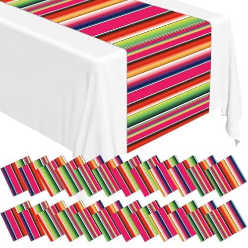 Lonfliness 12 Pack Plastic Mexican Table Runner Disposable Dia De Los Muertos Mexican Serape Runner 14 x 84Inch Colorful Striped Day of The Dead Table Cover for Fiesta Party Taco Party Decor Supplies - Image 1