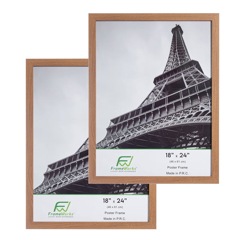 FrameWorks 18x24 Wooden Poster Frame Classic Golden Oak Matte Edged Frames wShatterproof Acrylic Glass Photos Posters Prints Wall Decor  Home Office Gallery Display  Golden Oak  2 Pack