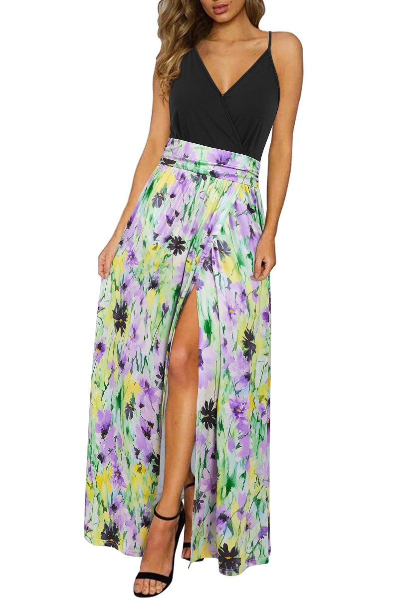 Newshows Women's Sun Dress Spring Fashion 2026 V Neck Spaghetti Strap Floral Sleeveless Casual Bridal Shower Party Laua Vacation Long Maxi Dresses(Green Floral Purple, S) - Image 1