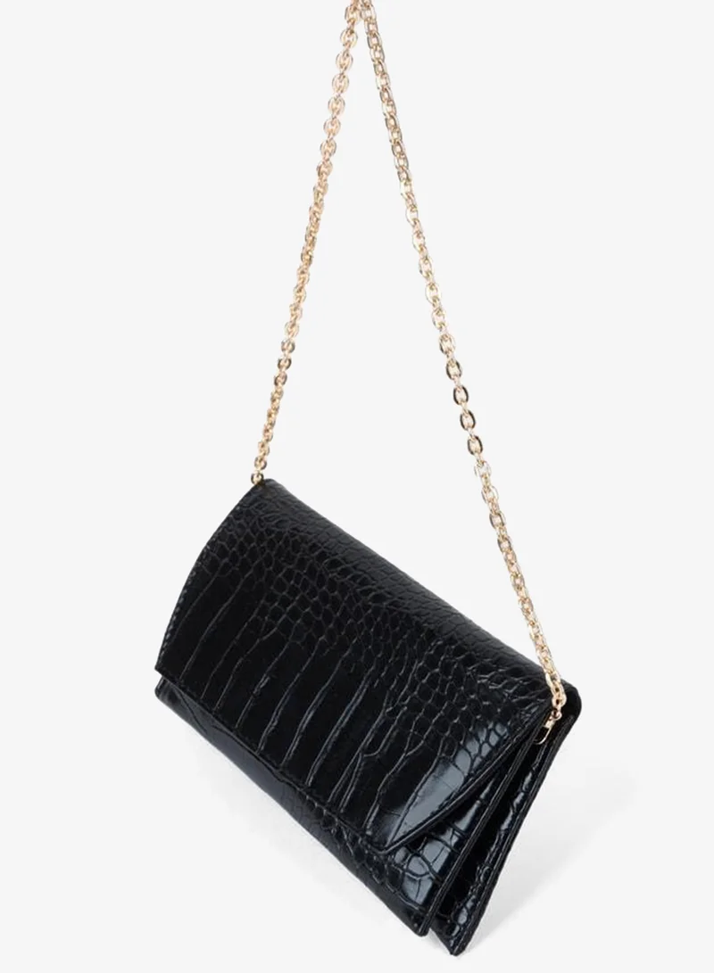 Women's Croco Black Envelope Design 2-Compartment Mini Chain Strap Snap Closure Clutch and Handbag.