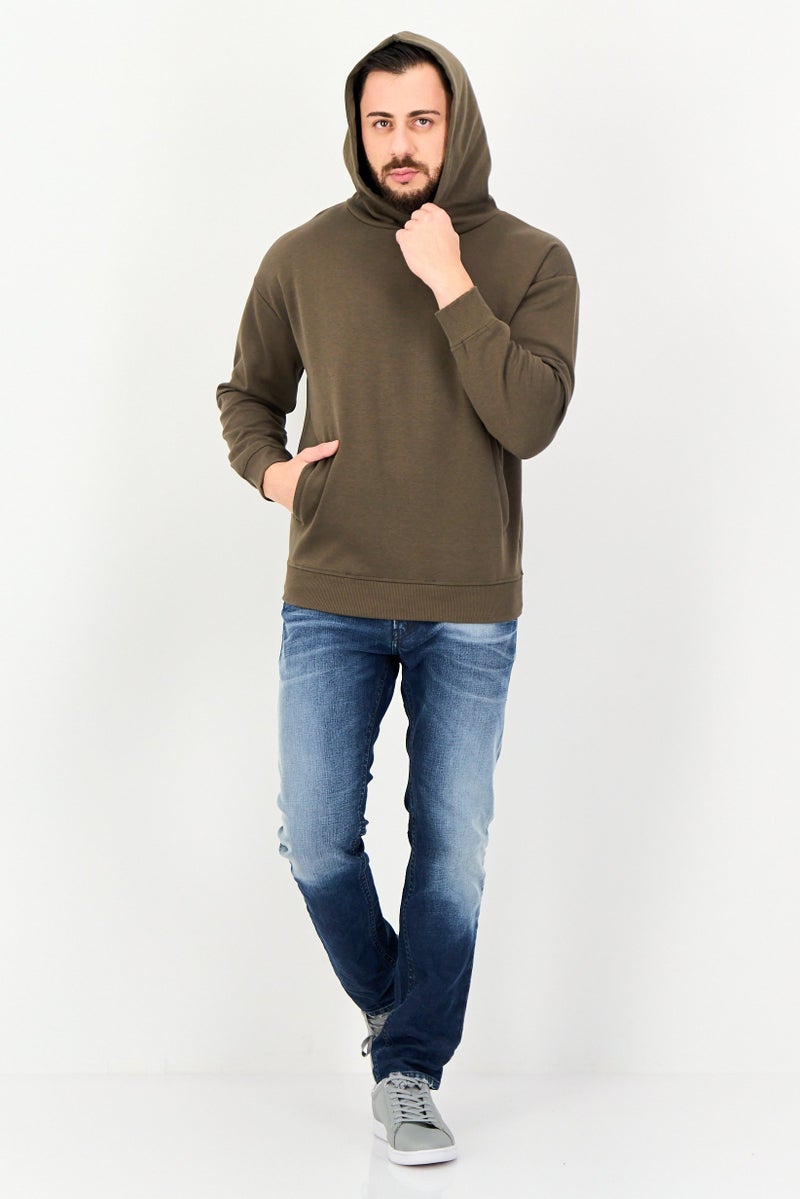 Algspar Men Plain Long Sleeve Hoodie, Olive - Image 4