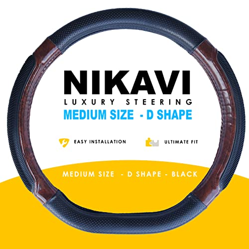 NIKAVI Luxury Steering Wheel Cover - Black Color | Size - Medium | Diameter 38 cm | D-Type | Car Steering Wheel Protector, Anti-Slip, Elegant Leather Finish Grip Cover for Flat Bottom Wheels - Image 5