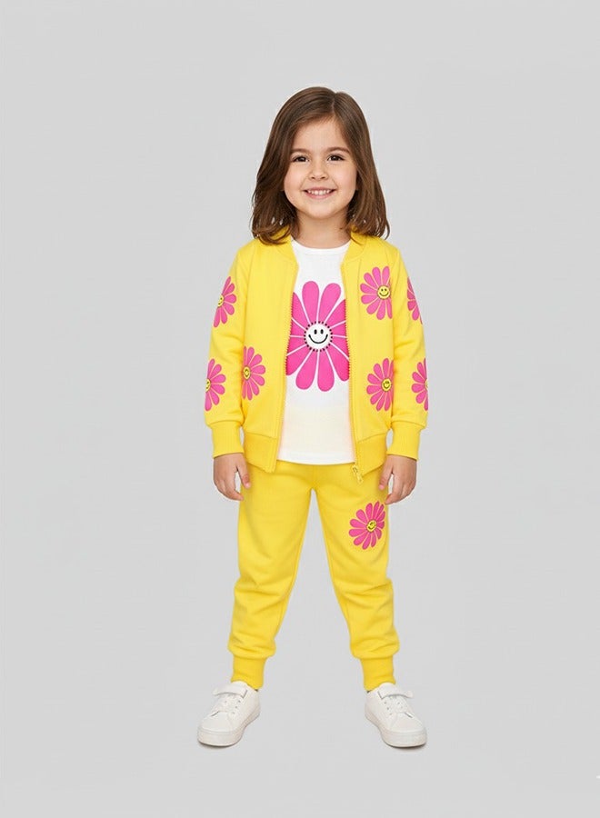 babyqlo Yellow Daisy Print Tracksuit Set For Girls - Image 1