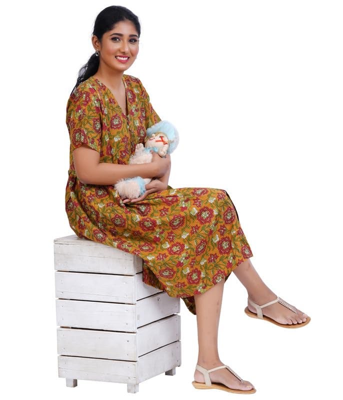 MENMAII Women's Pleated/AliaCut (L to 4XL)- Front Open/Button Down/Maternity/Feeding/Elderly/Hospital Use Short Length Dress - [M.Yellow ] - Image 2