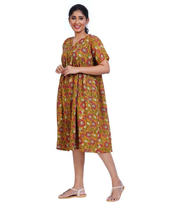 MENMAII Women's Pleated/AliaCut (L to 4XL)- Front Open/Button Down/Maternity/Feeding/Elderly/Hospital Use Short Length Dress - [M.Yellow ] - Image 3