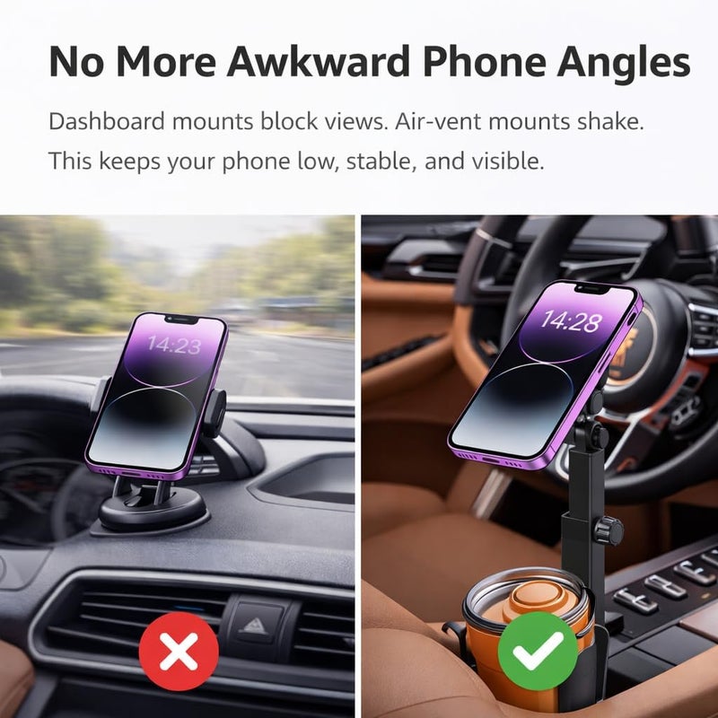 Magnetic Cup Holder Phone Mount for Car - Adjustable Long Arm, MagSafe Compatible - Image 2