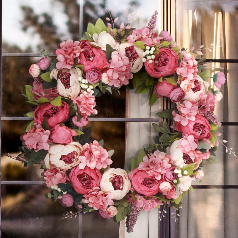 Kmise Wreath 26 Inches  Peony Flower Spring Wreaths for Front Door Outside  Summer Floral Bud Wreath Handmade Door WreathsPinkPurpleGreen 