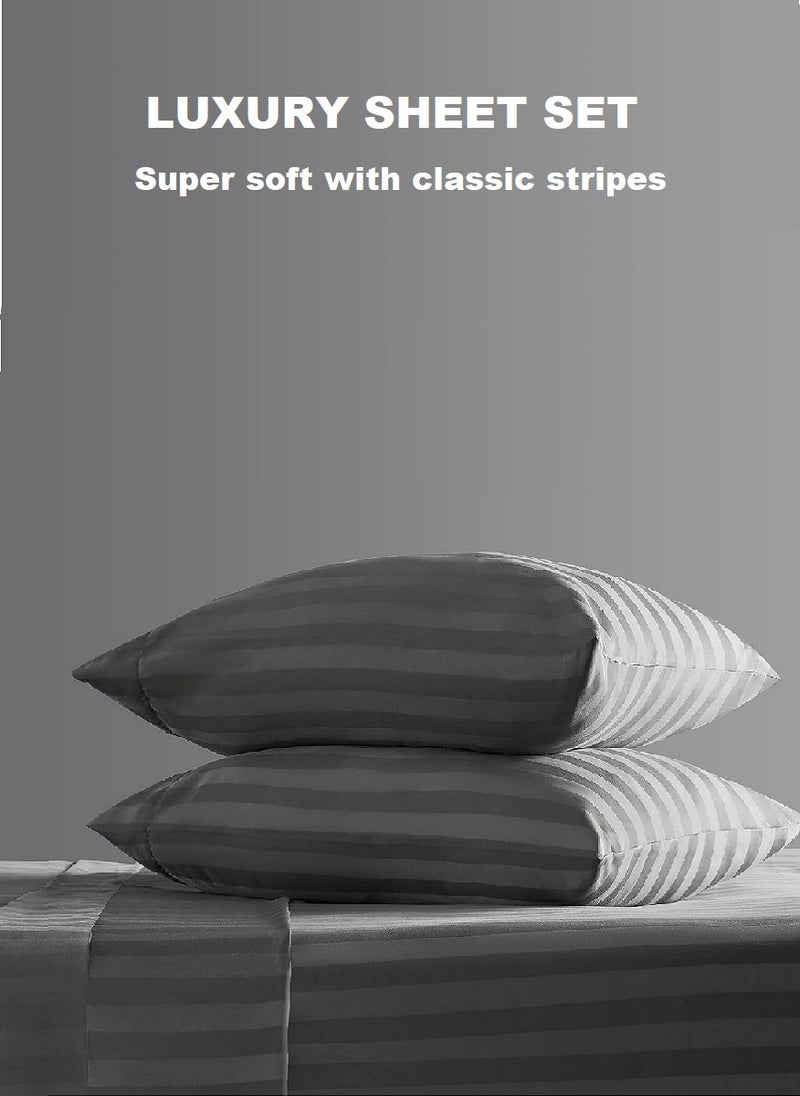 Blueberry Cotton Queen Striped Fitted Elastic Pack of 3 Bedsheet 180x200+20cm  - Image 2