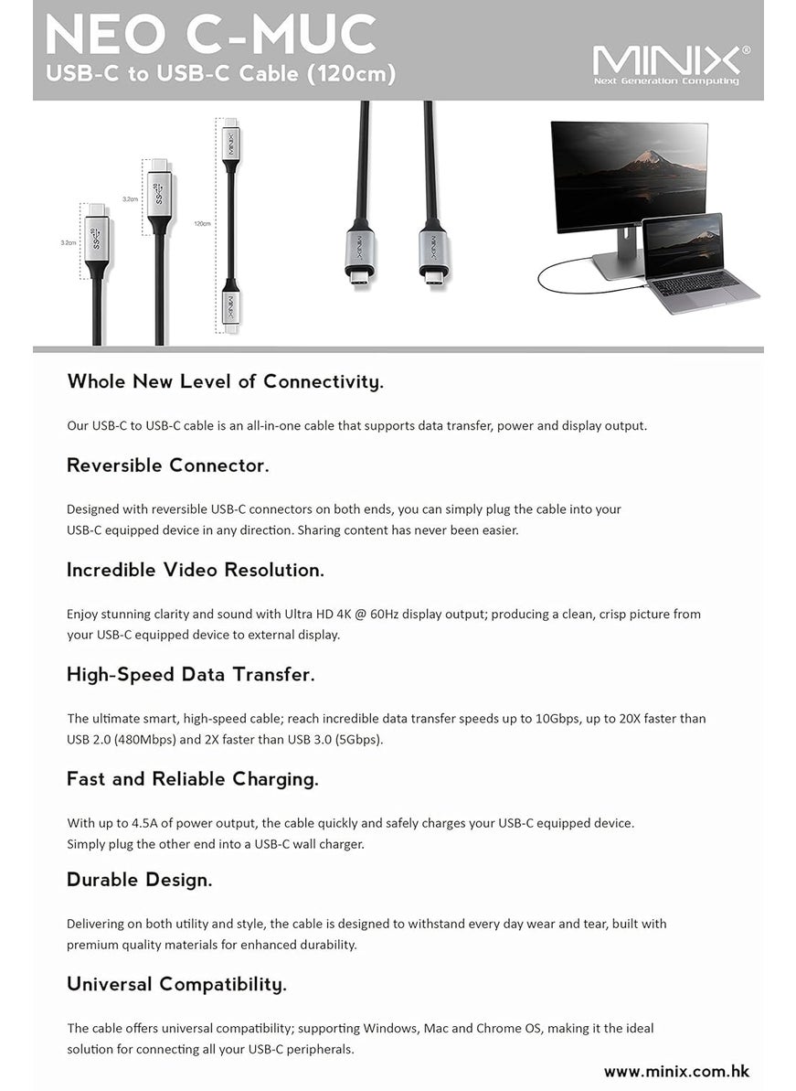 Minix MINIX USB C to USB C Cable 31 4 Feet 120cm Type C Fast Charger Power DeliveryData Transfer speeds up to 10Gbps4K Video Output Compatibility for Windows Mac Chrome OS  - Image 5