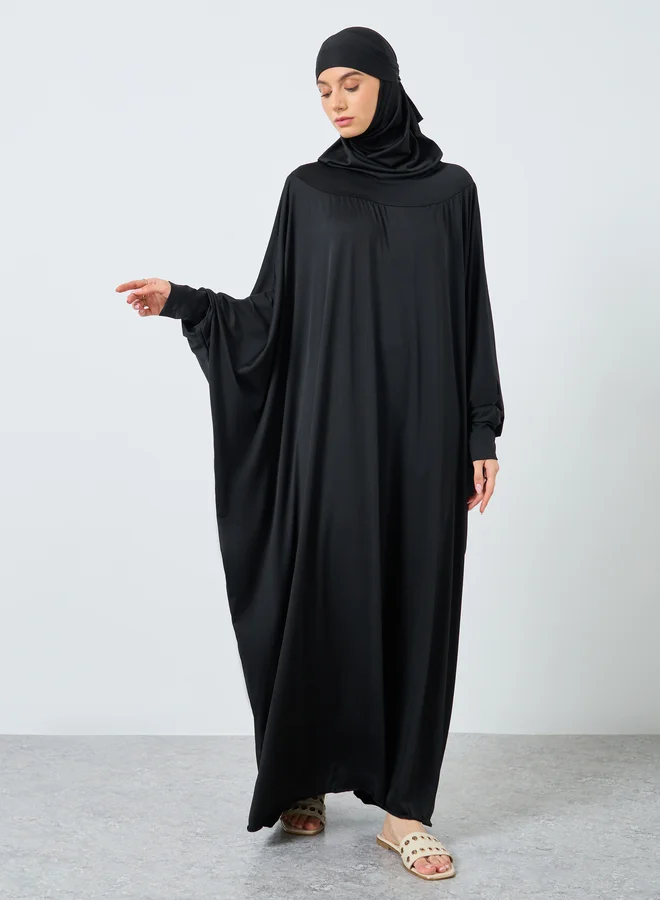 تايك تو Take Two Solid Batwing Sleeve Hooded Abaya