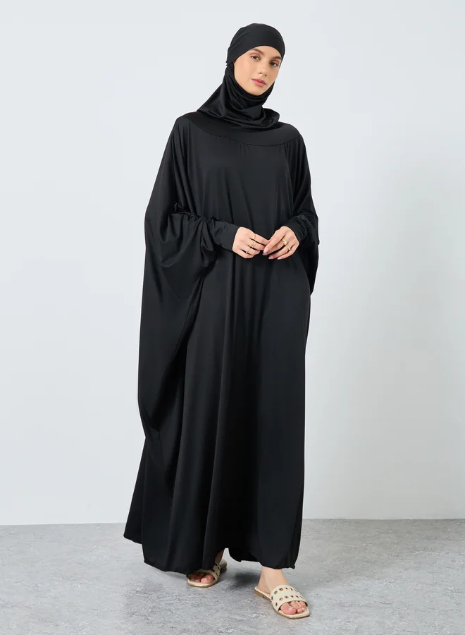 تايك تو Take Two Solid Batwing Sleeve Hooded Abaya