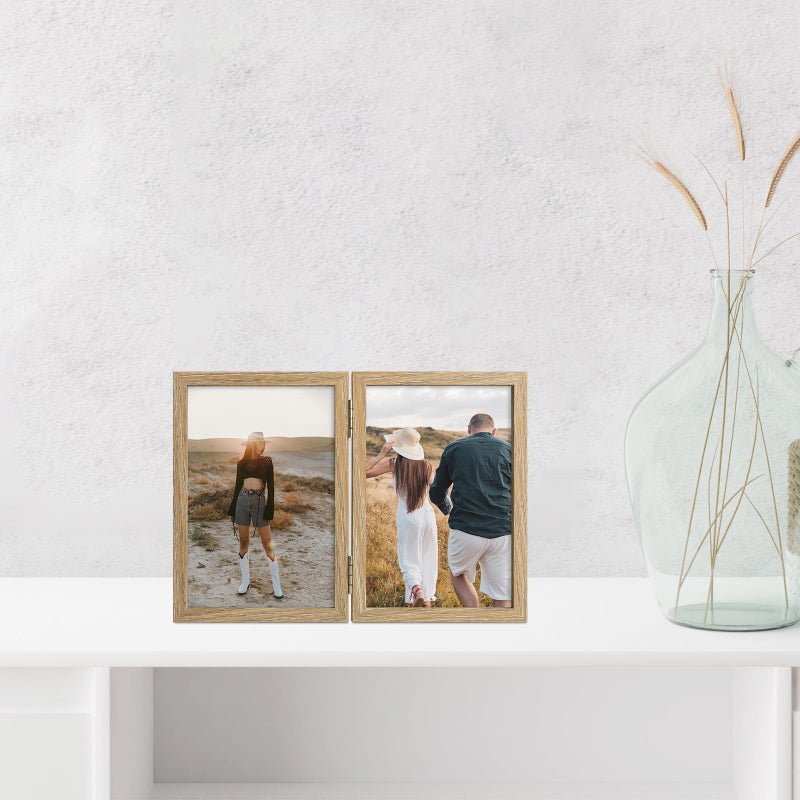 Space Art Deco 4x6 Double Hinged Frames  2 Folding Picture Frame  Stand Vertically on Desktop or Tabletop  Wood Grain - Image 3