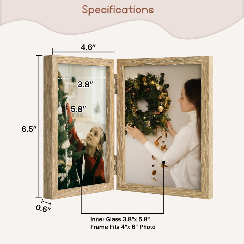 Space Art Deco 4x6 Double Hinged Frames  2 Folding Picture Frame  Stand Vertically on Desktop or Tabletop  Wood Grain - Image 2