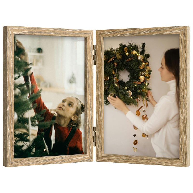 Space Art Deco 4x6 Double Hinged Frames  2 Folding Picture Frame  Stand Vertically on Desktop or Tabletop  Wood Grain - Image 1