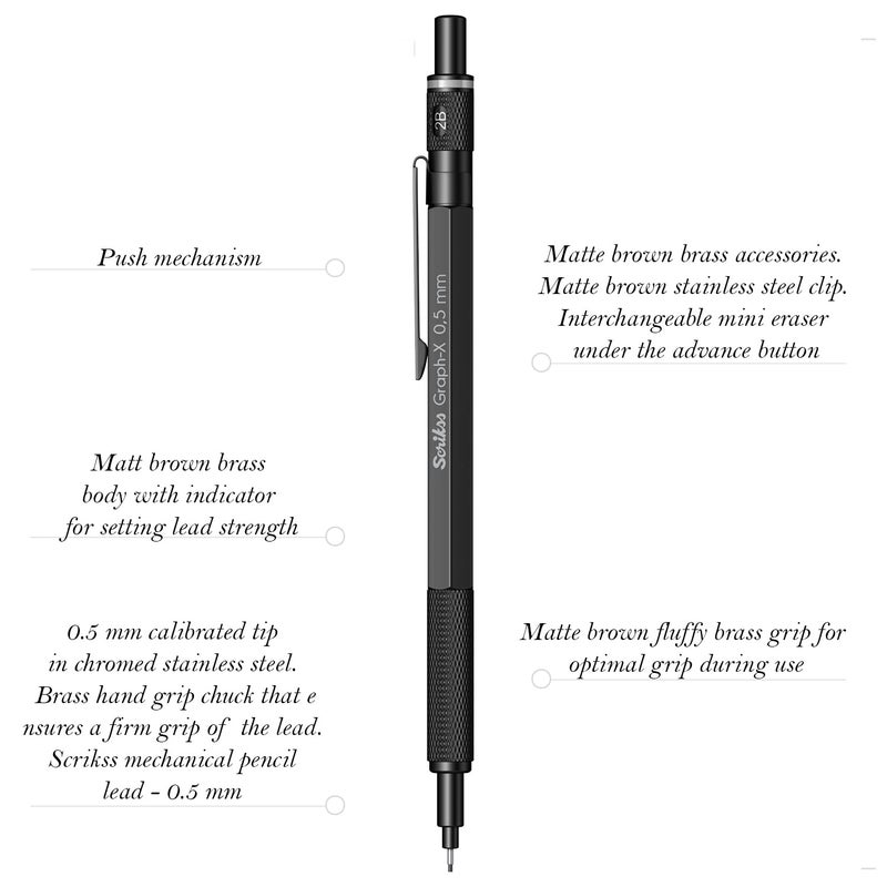 Scrikss GraphX 05mm Mechanical Pencil with 2B Lead 1 Tube of 24 Leads Brass Body with Matte Black Finish Interchangeable Mini Eraser 71288 - Image 2