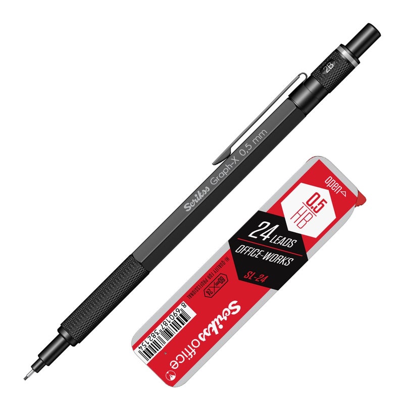 Scrikss GraphX 05mm Mechanical Pencil with 2B Lead 1 Tube of 24 Leads Brass Body with Matte Black Finish Interchangeable Mini Eraser 71288 - Image 1