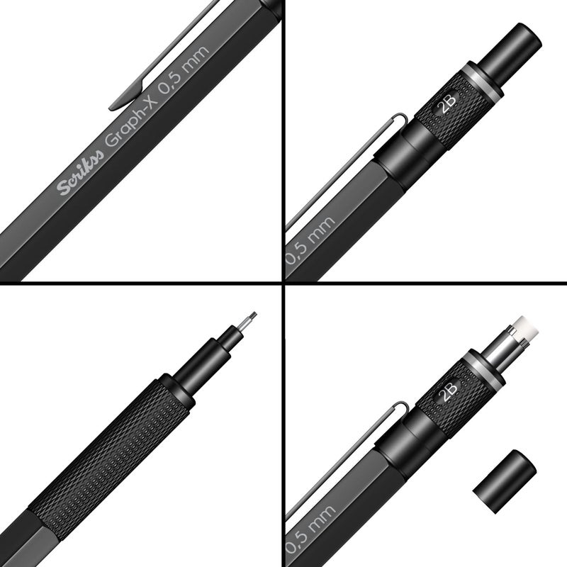 Scrikss GraphX 05mm Mechanical Pencil with 2B Lead 1 Tube of 24 Leads Brass Body with Matte Black Finish Interchangeable Mini Eraser 71288 - Image 3