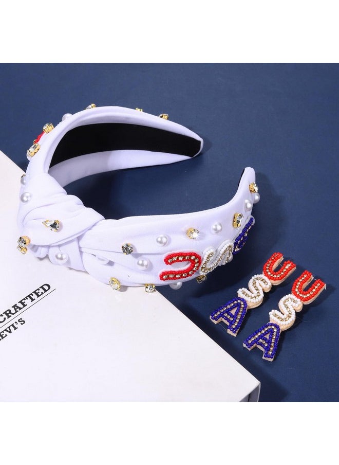 YAHPERN - 4Th Of July Headbands For Women American Flag Headband Patriotic Red Blue White Beaded Usa Headband Jeweled Crystal Pearl Knotted Headband 4Th Of July Hair Accessories Gifts (White) - Image 1