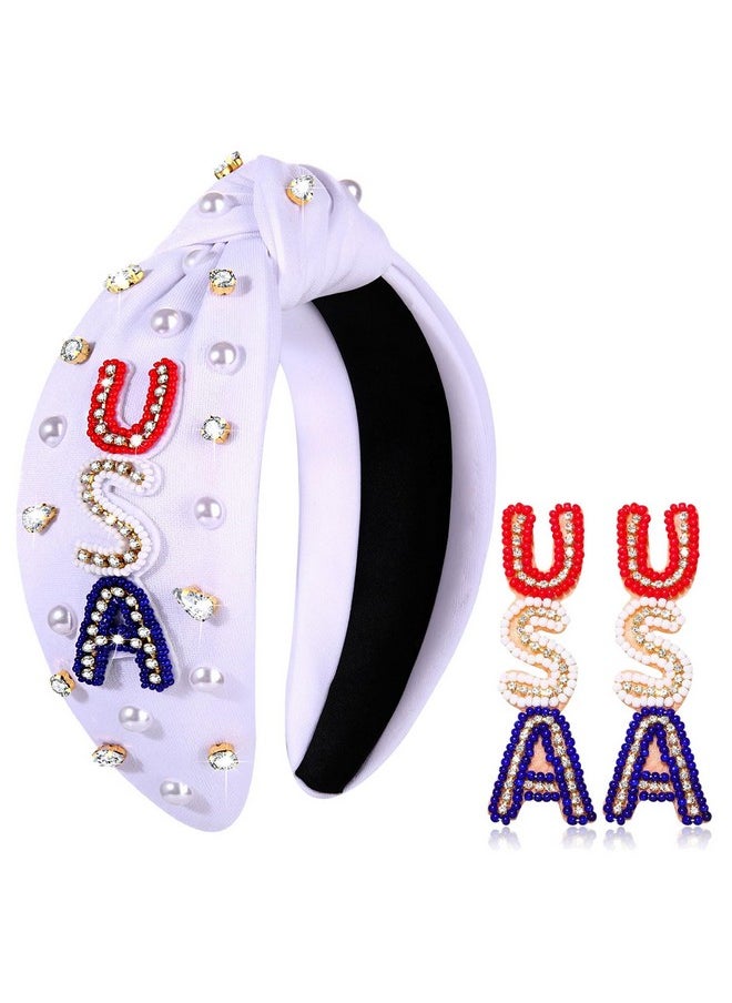 YAHPERN - 4Th Of July Headbands For Women American Flag Headband Patriotic Red Blue White Beaded Usa Headband Jeweled Crystal Pearl Knotted Headband 4Th Of July Hair Accessories Gifts (White) - Image 1