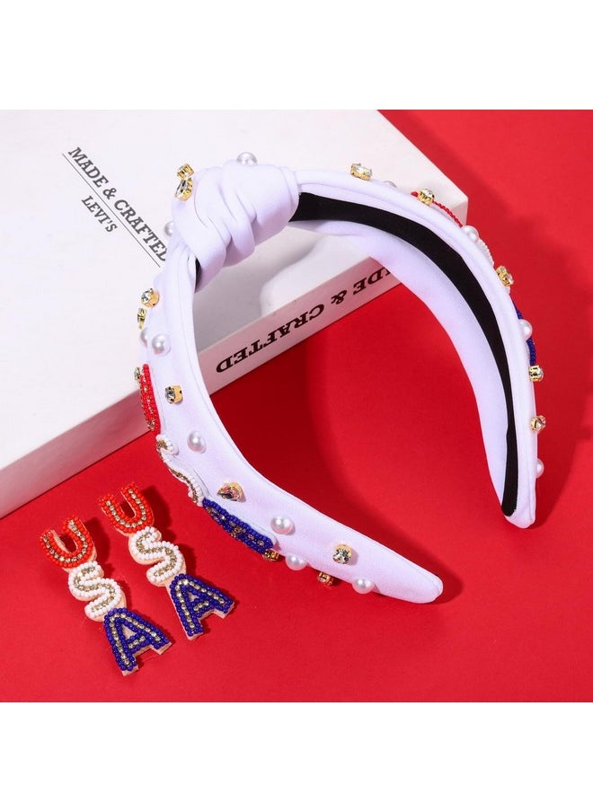 YAHPERN - 4Th Of July Headbands For Women American Flag Headband Patriotic Red Blue White Beaded Usa Headband Jeweled Crystal Pearl Knotted Headband 4Th Of July Hair Accessories Gifts (White) - Image 1