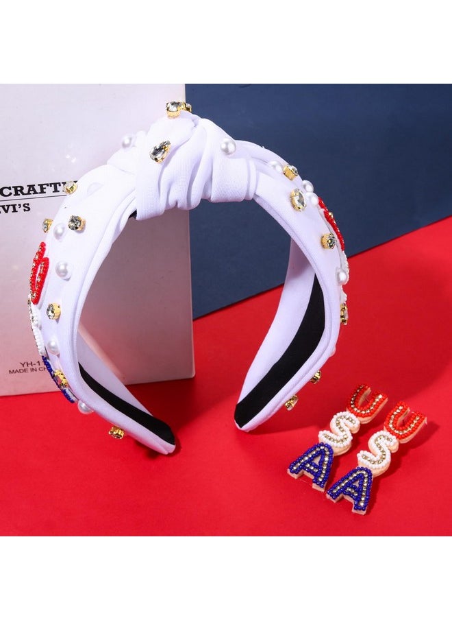 YAHPERN - 4Th Of July Headbands For Women American Flag Headband Patriotic Red Blue White Beaded Usa Headband Jeweled Crystal Pearl Knotted Headband 4Th Of July Hair Accessories Gifts (White) - Image 1