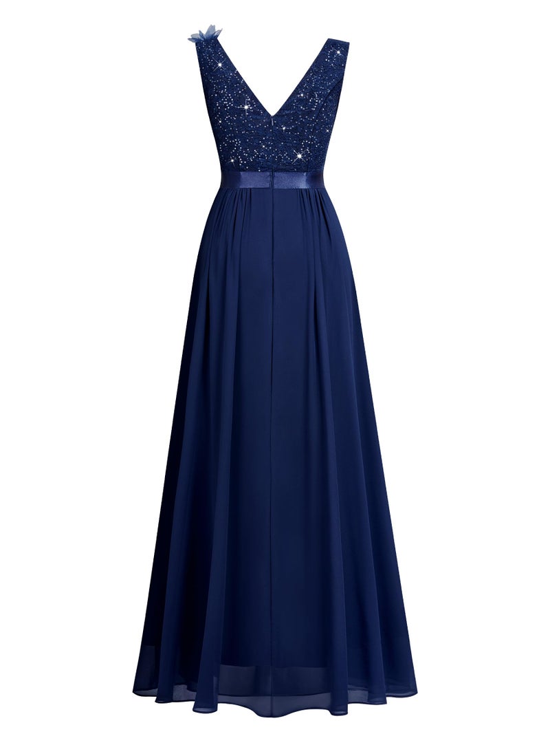 Miusol Women's Vintage V-Neck Sleeveless Sequined Split Formal Evening Maxi Dress (Medium, Navy Blue) - Image 5