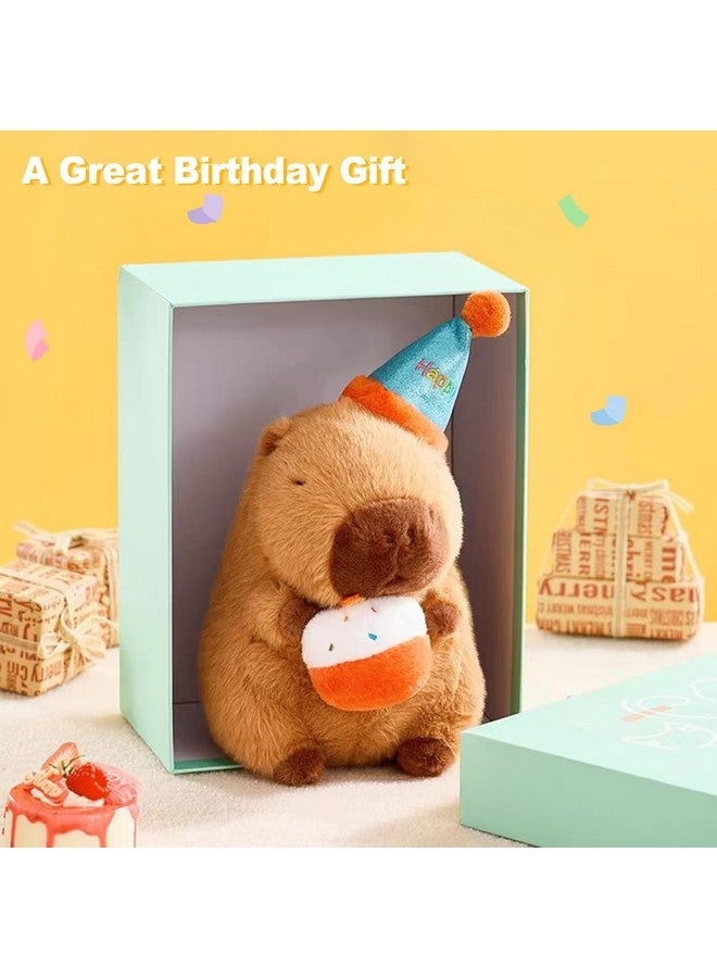 Ditucu Cute Capybara Plush with Happy Birthday Hat Holding Cake Soft Capibara Stuffed Animal Plushies Toys for Birthday Gifts Party Decoration for Kids Brown 8.6 inch - Image 3