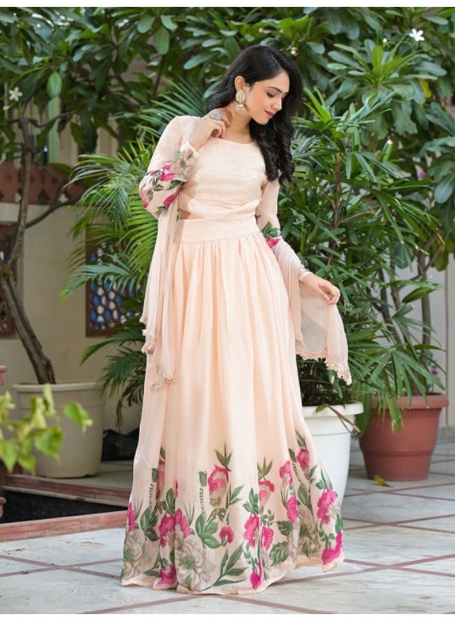 AKS Peach Floral Print Lehenga Choli With Dupatta  - Image 3