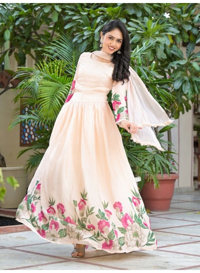 AKS Peach Floral Print Lehenga Choli With Dupatta  - Image 4