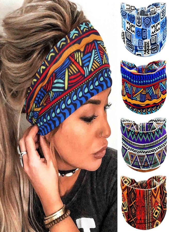 Olbye African Print Headbands Wide Stretch Headwrap Turban Knotted Non Slip Hairbands Yoga Running Athletic Head Bands Workout Boho Head Scarfs Hair Accessories for Women 4Pcs (African C, 9.4*5.9'') - Image 1