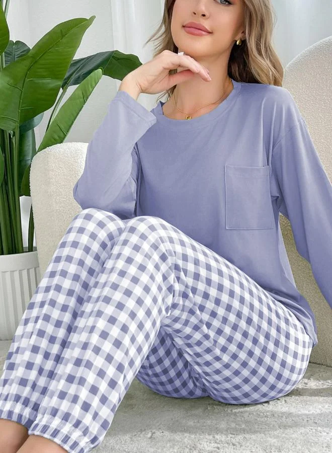 Take Two Take Two Purple Plain T-Shirt and Checked Pyjama Set