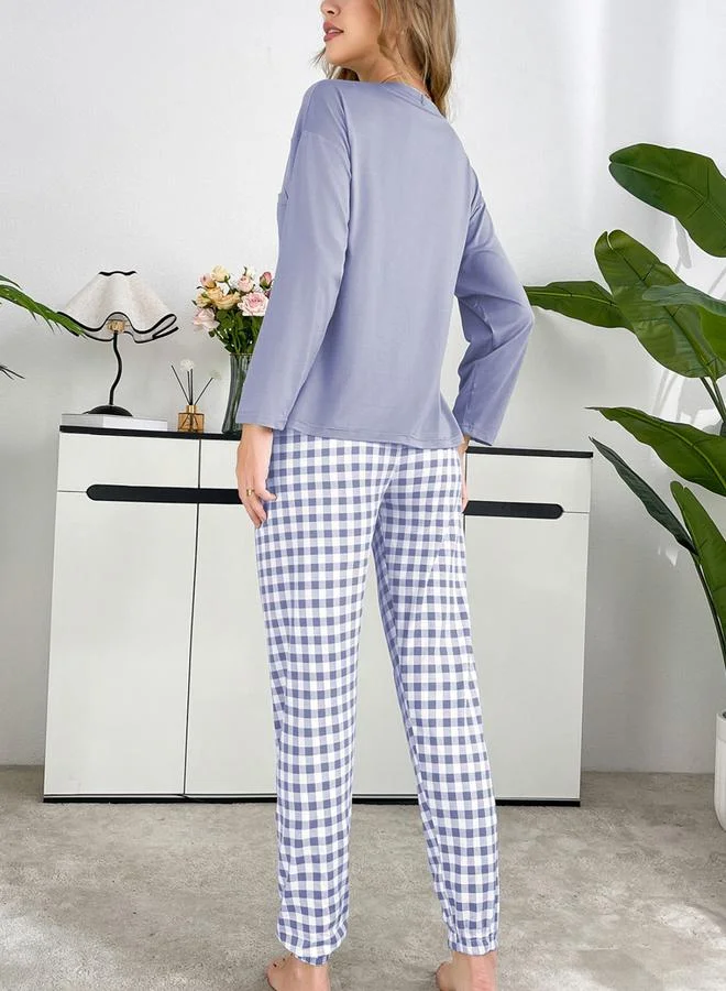 Take Two Take Two Purple Plain T-Shirt and Checked Pyjama Set