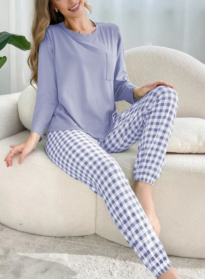 Take Two Take Two Purple Plain T-Shirt and Checked Pyjama Set